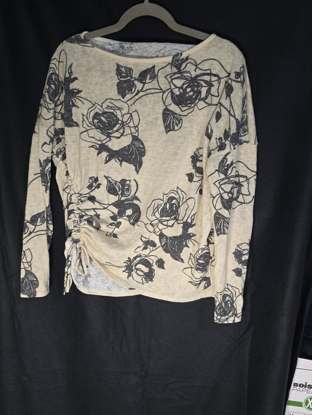 ODDY Cream Top with Black Rose Print and Side Ruched Tie